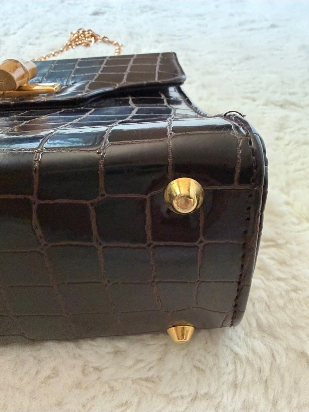 Comeco, Brown Croc-Embossed Bamboo-Handle Top-Handle Bag